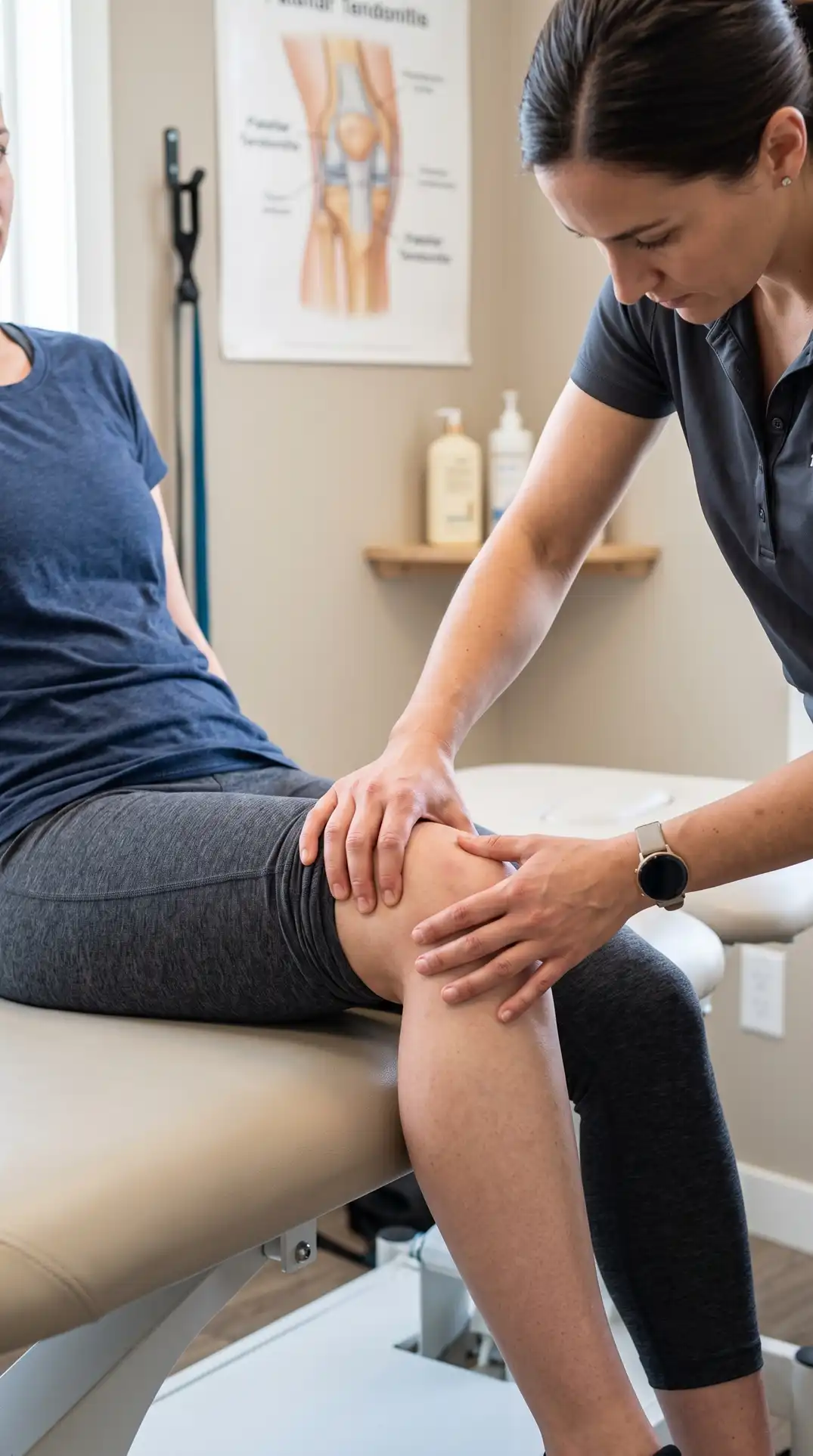 Patient holding knee pain during physiotherapy session at Olive Physio