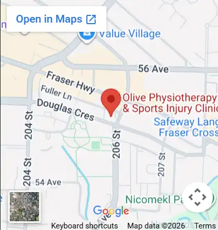 Map showing Olive Physio locations in Downtown Langley City