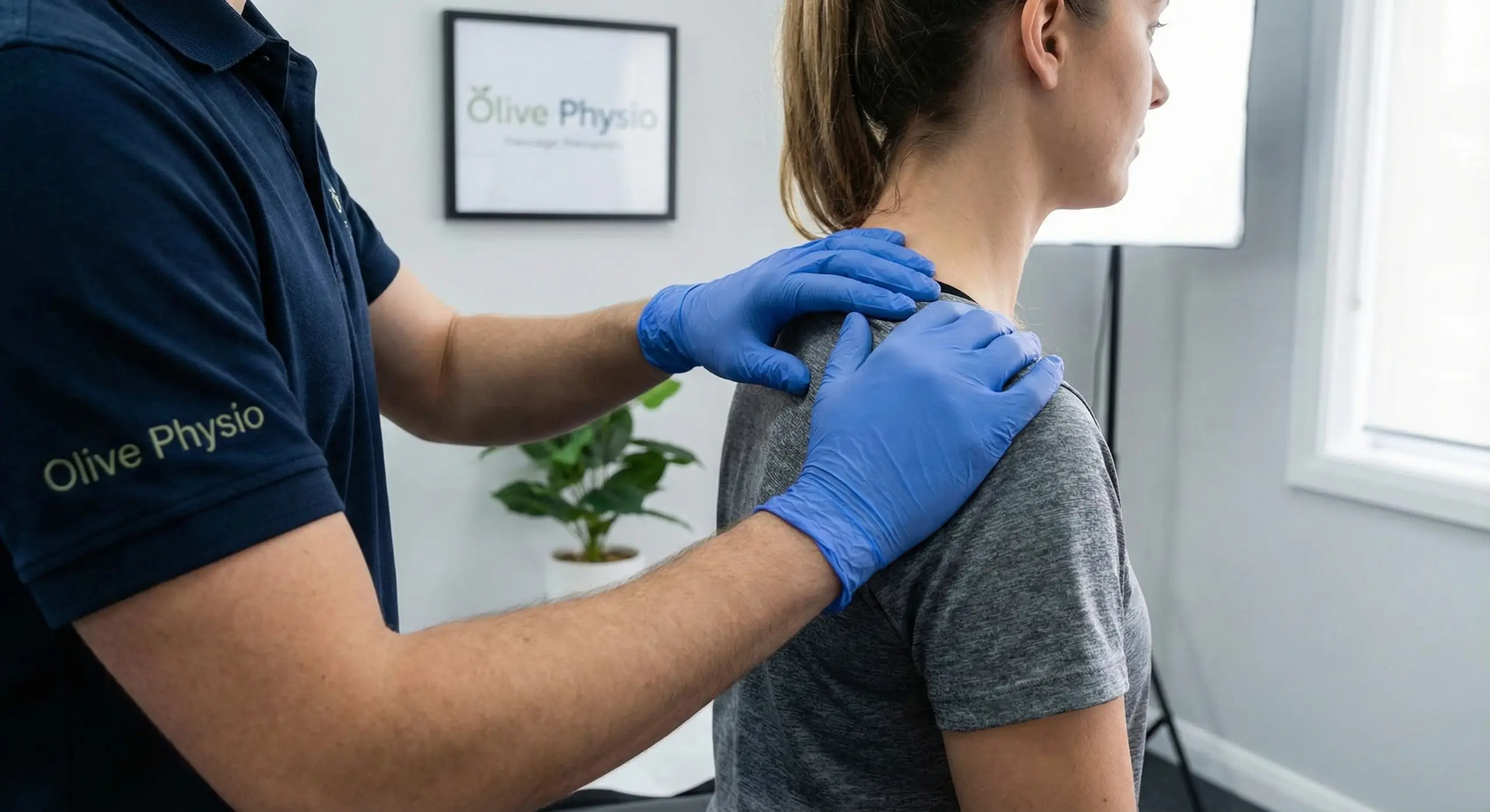 Olive Physio therapist assisting a patient with shoulder post-surgical rehab exercises