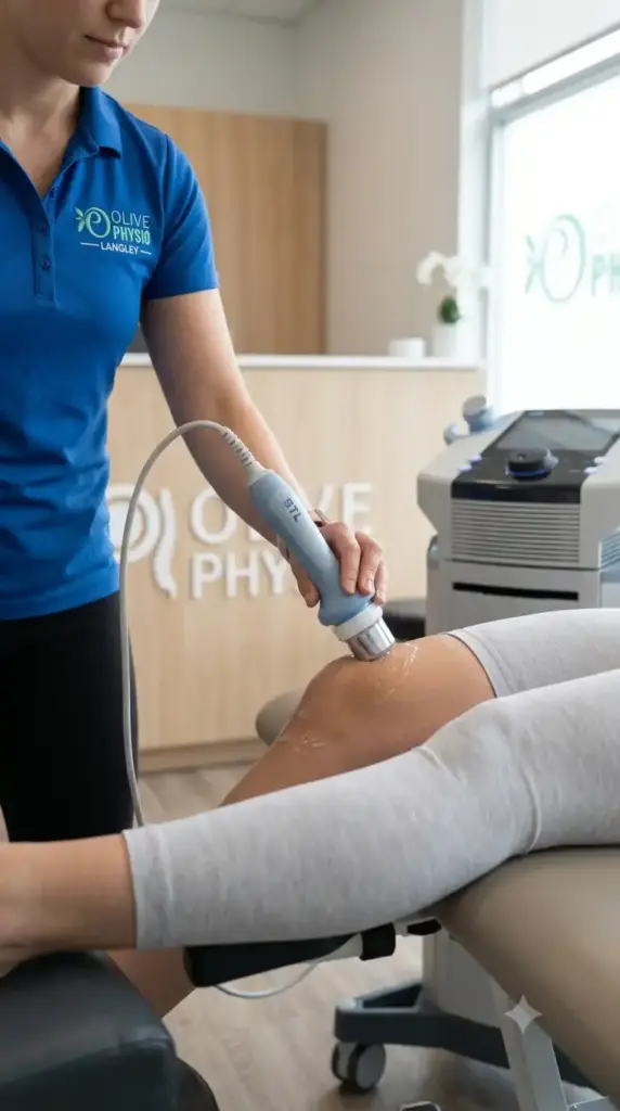 Close-up of ultrasound device applying therapy to patient's knee at Olive Physio in Langley