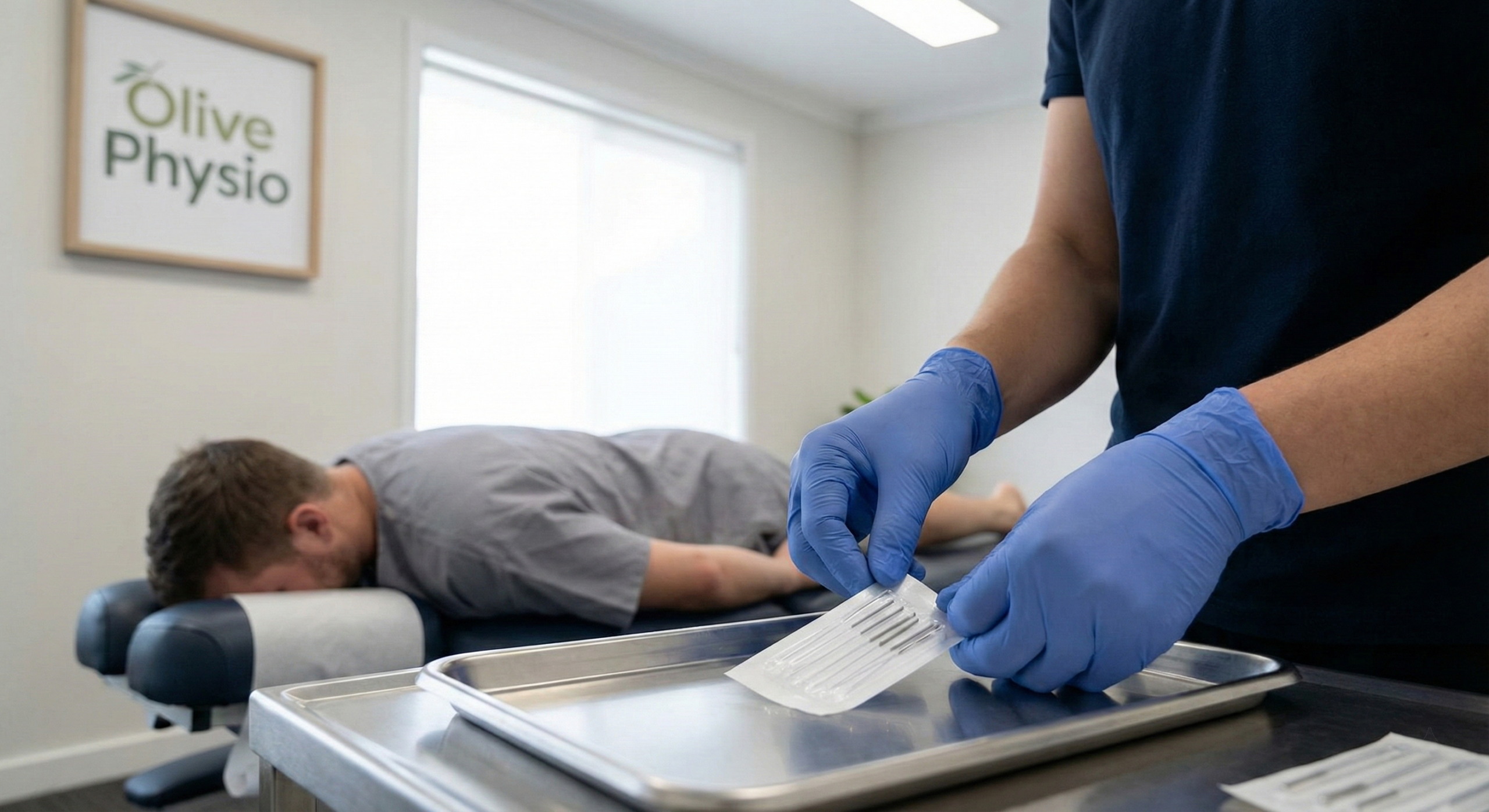 Fine sterile acupuncture needles placed along the lower back for pain relief in Langley, BC