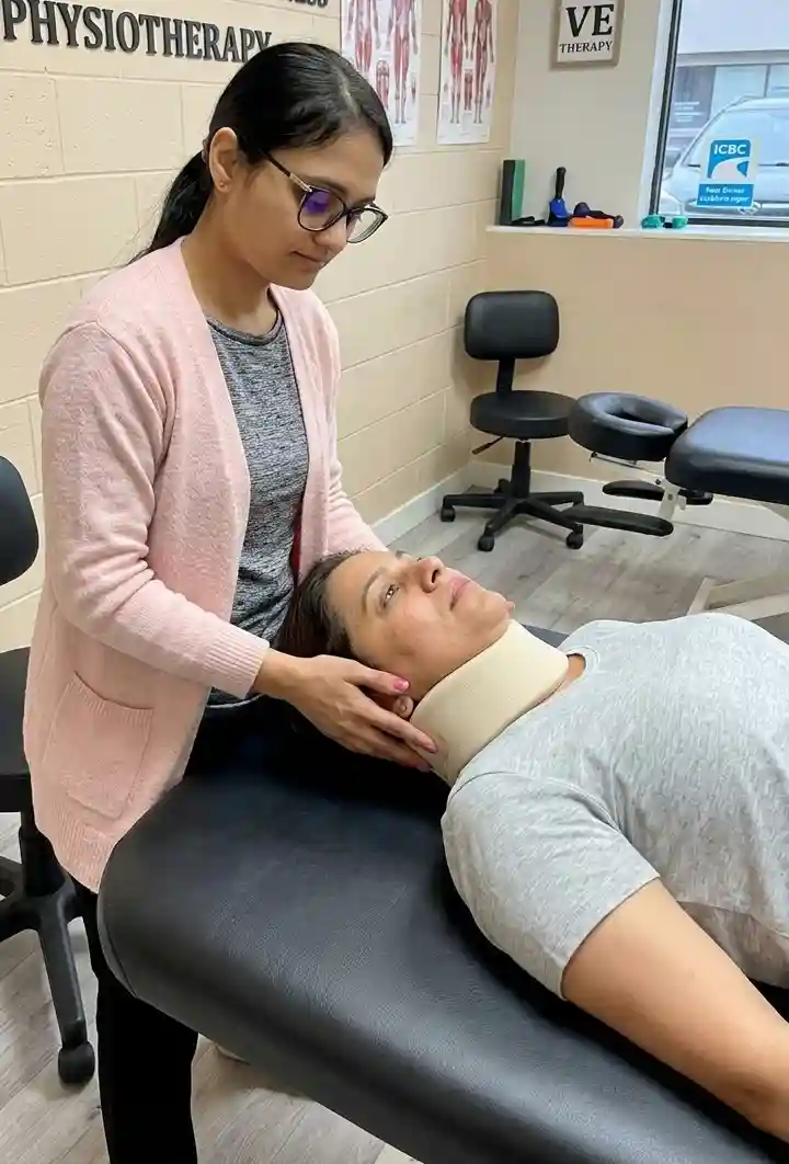 Physiotherapist guiding gentle whiplash neck mobility exercises for an ICBC patient in Langley, BC